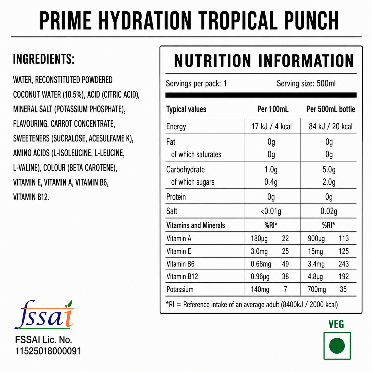 Prime Hydration Tropical Punch 500ml Imported From USA - Nosh Products