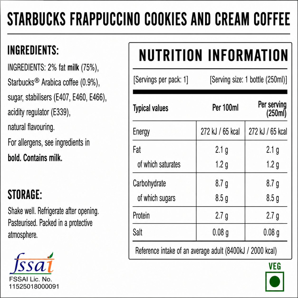 Starbucks Frappuccino Cookies And Cream Coffee 250ml Imported From USA