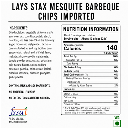 Lays Stax Mesquite Barbeque Chips 155gm Imported From USA