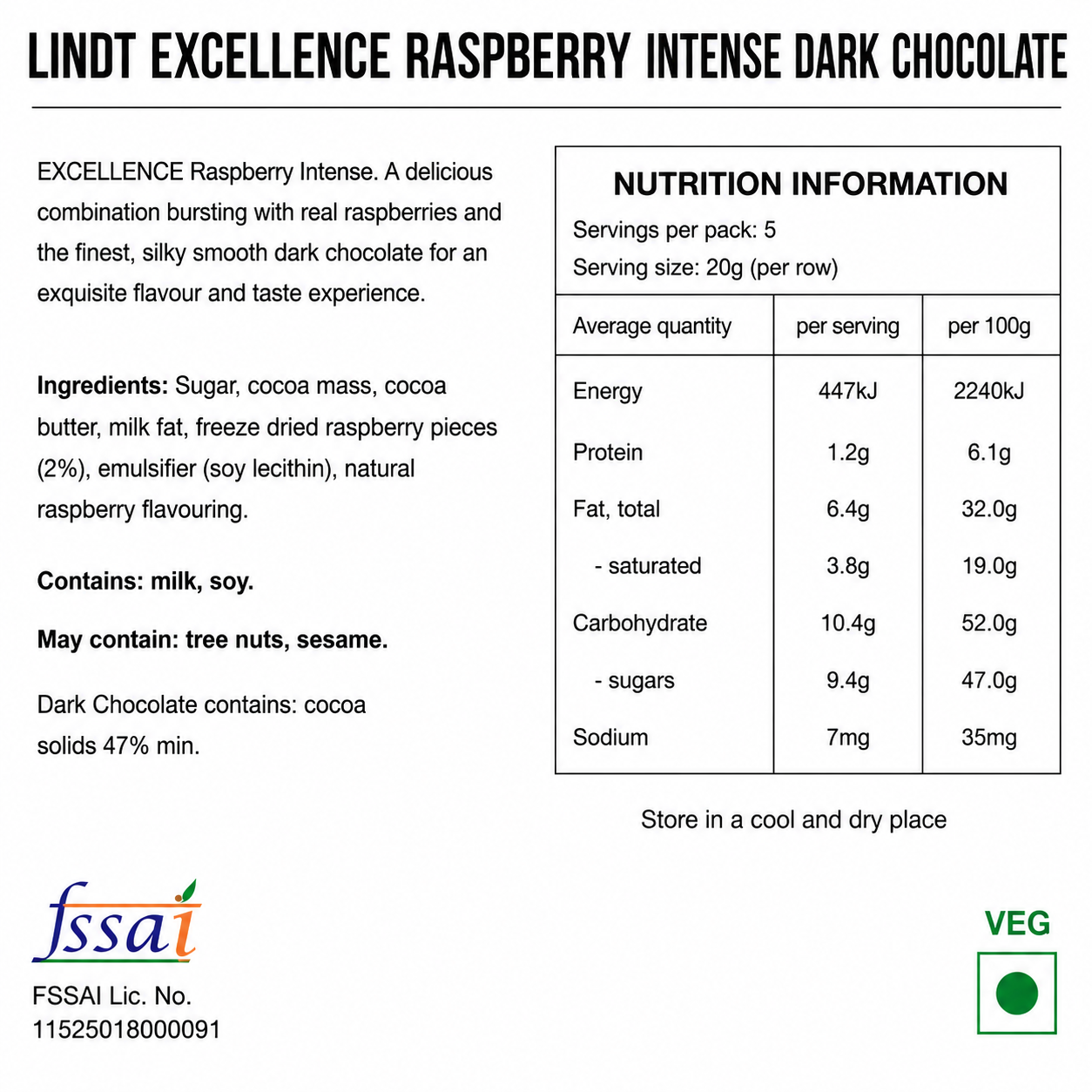 Lindt Excellence Raspberry Intense Dark Chocolate 100gm Global Import - Nosh Products