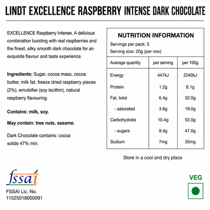 Lindt Excellence Raspberry Intense Dark Chocolate 100gm Global Import - Nosh Products