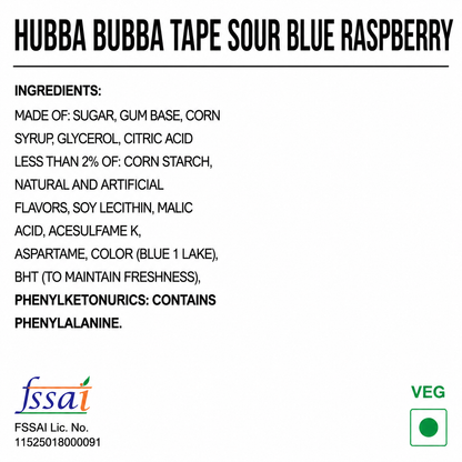 Hubba Bubba Tape Sour Blue Raspberry Chewing Gum 56gm Imported From USA/UK - Nosh Products