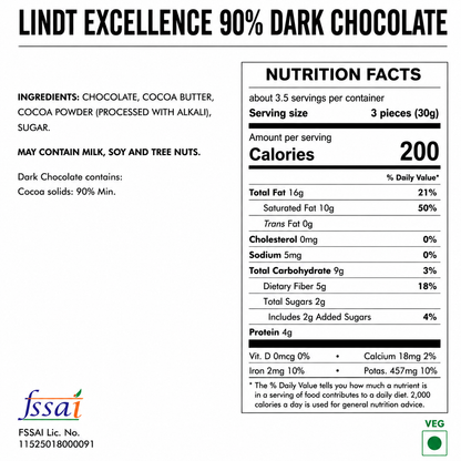 Lindt Excellence 90% Dark Chocolate 100gm Global Import - Nosh Products