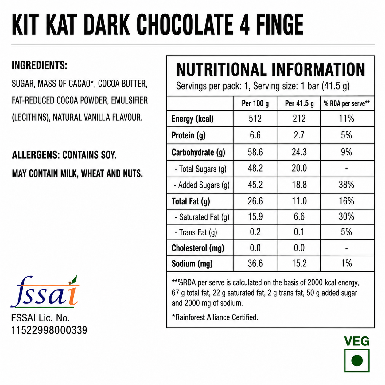 Kit Kat Dark Chocolate 4 Finger - Pack Of 6 Imported From Europe