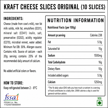 Kraft Cheese Slices Original (10 Slices) Imported From UK - Nosh Products
