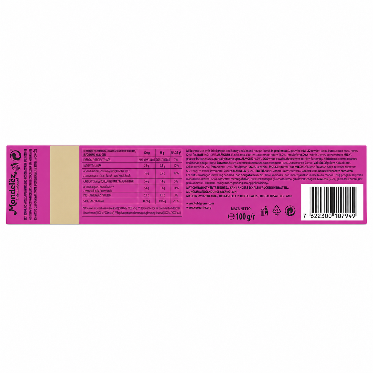 Toblerone Fruit And Nut Chocolate 100gm Imported From Switzerland - Nosh Products