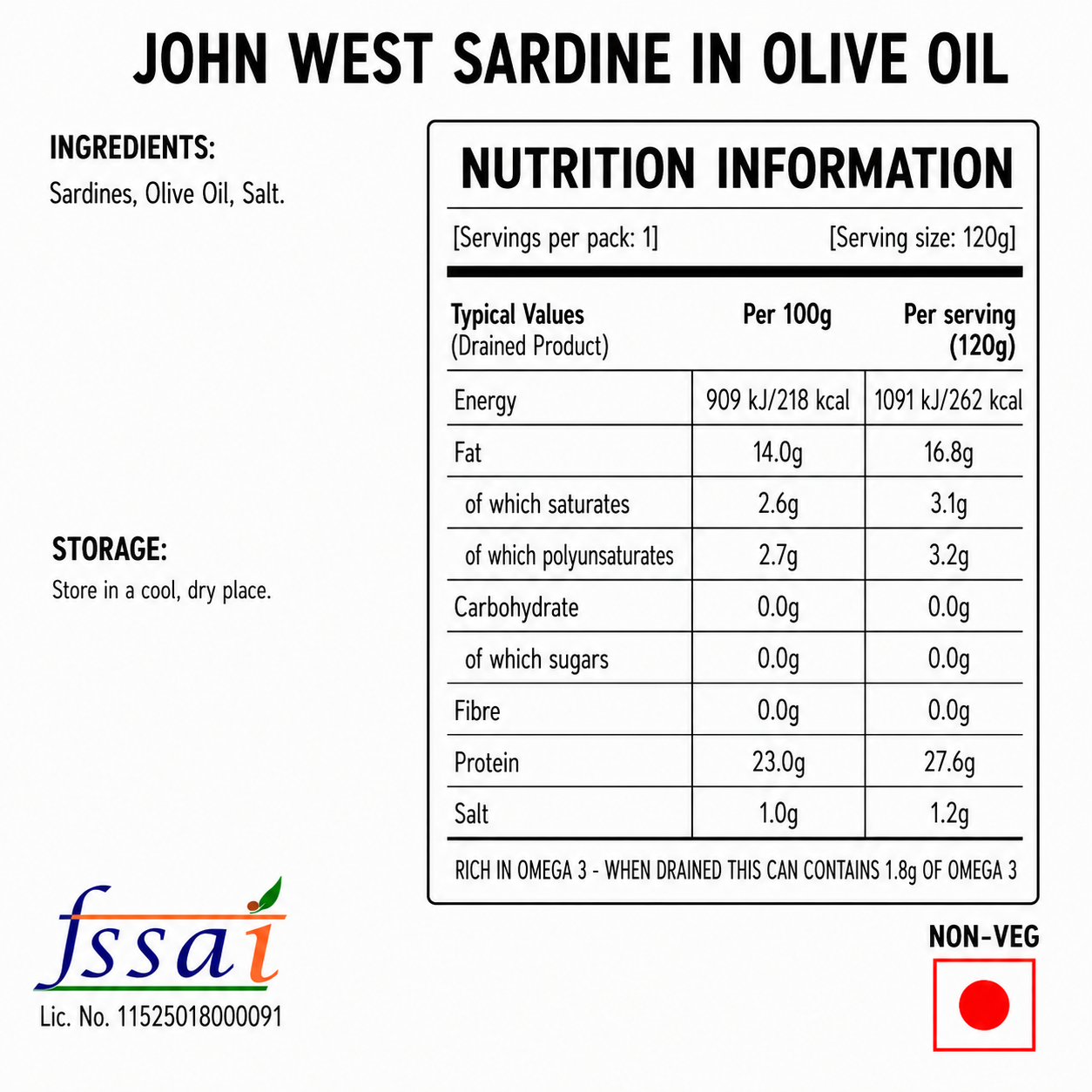 John West Sardine In Olive Oil 120gm Imported From UK - Nosh Products