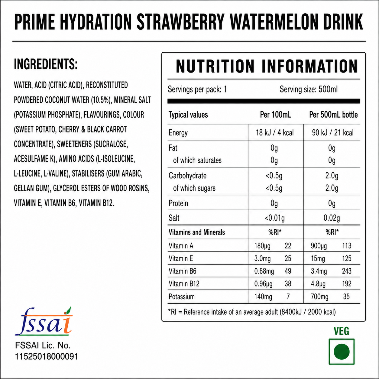 Prime Hydration Strawberry Watermelon Drink 500ml Imported From USA - Nosh Products