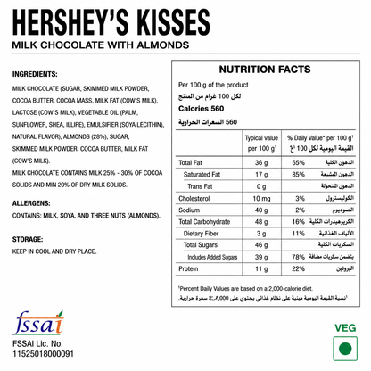 Hershey Kisses Milk Chocolate With Almonds 150gm Imported From USA