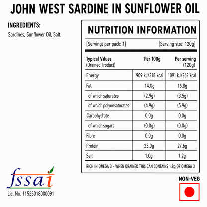John West Sardine In Sunflower Oil 120gm Imported From UK - Nosh Products