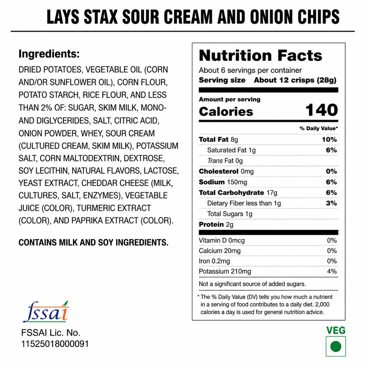 Lays Stax Sour Cream And Onion Chips 155gm Imported From USA