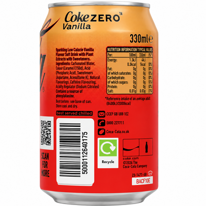 Coke Vanilla Zero Sugar 330ml Imported From UK - Nosh Products