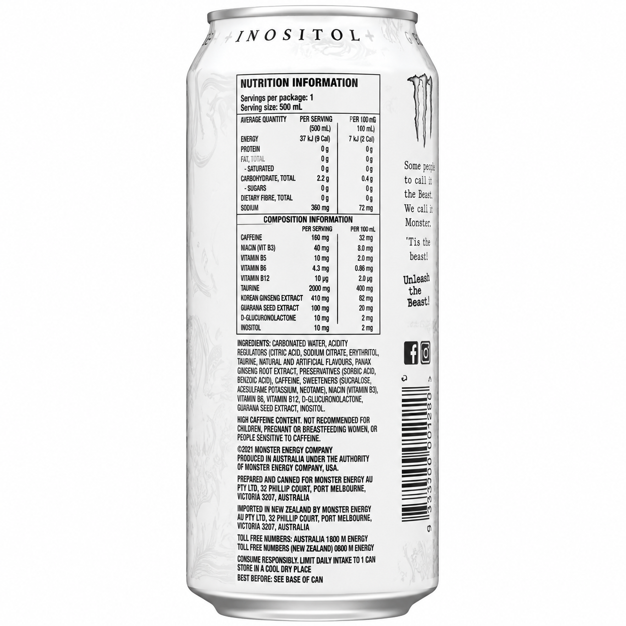 Monster White Energy Drink Zero Sugar 500ml (Pack of 4) Imported From UK - Nosh Products