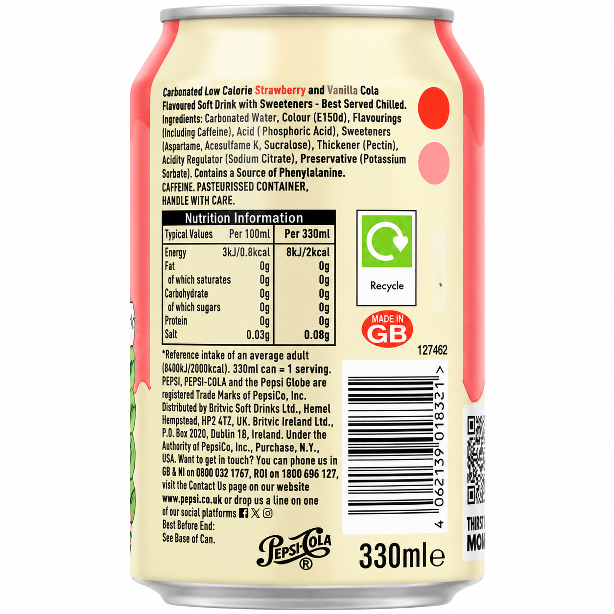 Pepsi Strawberries And Cream Soda Zero Sugar 330ml Imported From UK