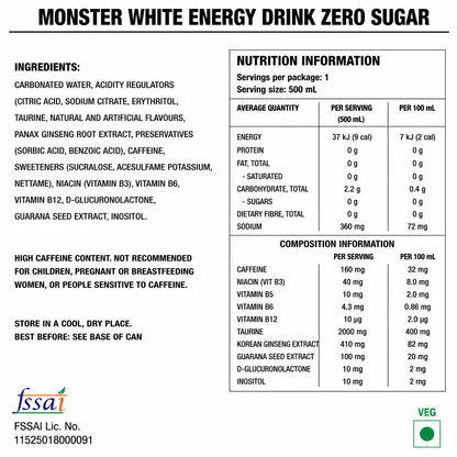 Monster White Energy Drink Zero Sugar 500ml (Pack of 4) Imported From UK - Nosh Products