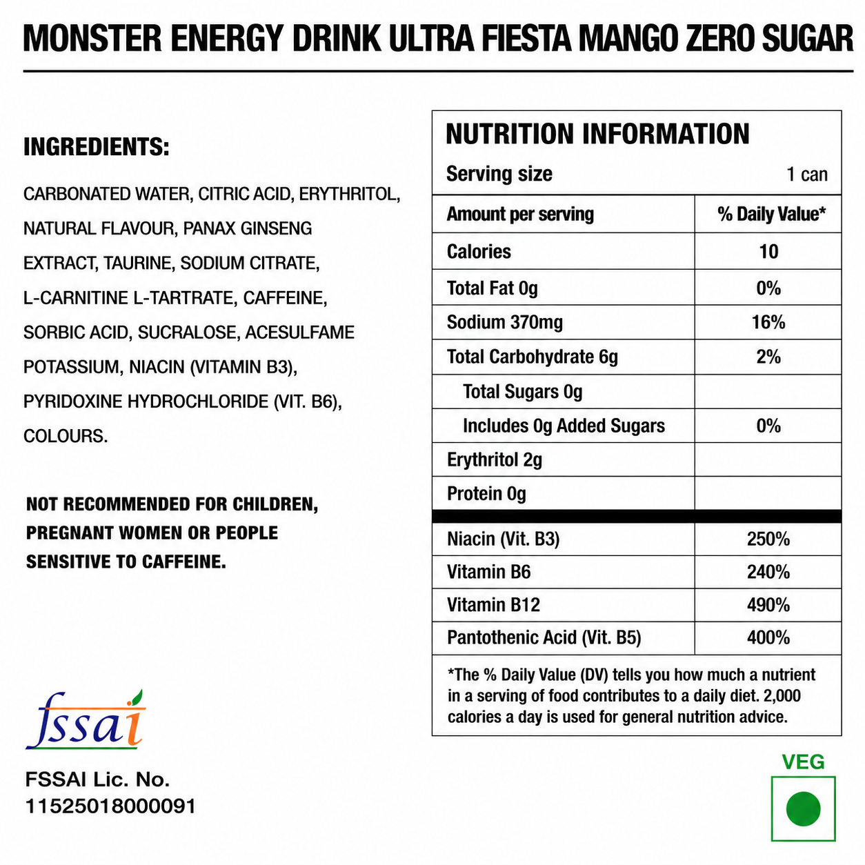 Monster Energy Drink Ultra Fiesta Mango Zero Sugar 500ml(Pack Of 4) Imported From UK