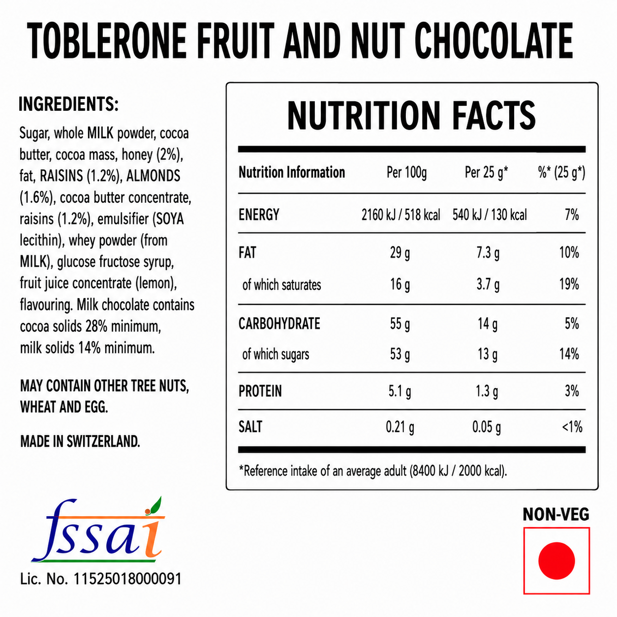 Toblerone Fruit And Nut Chocolate 100gm Imported From Switzerland - Nosh Products