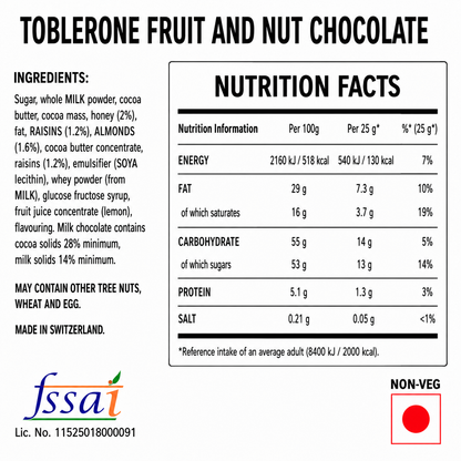 Toblerone Fruit And Nut Chocolate 100gm Imported From Switzerland - Nosh Products