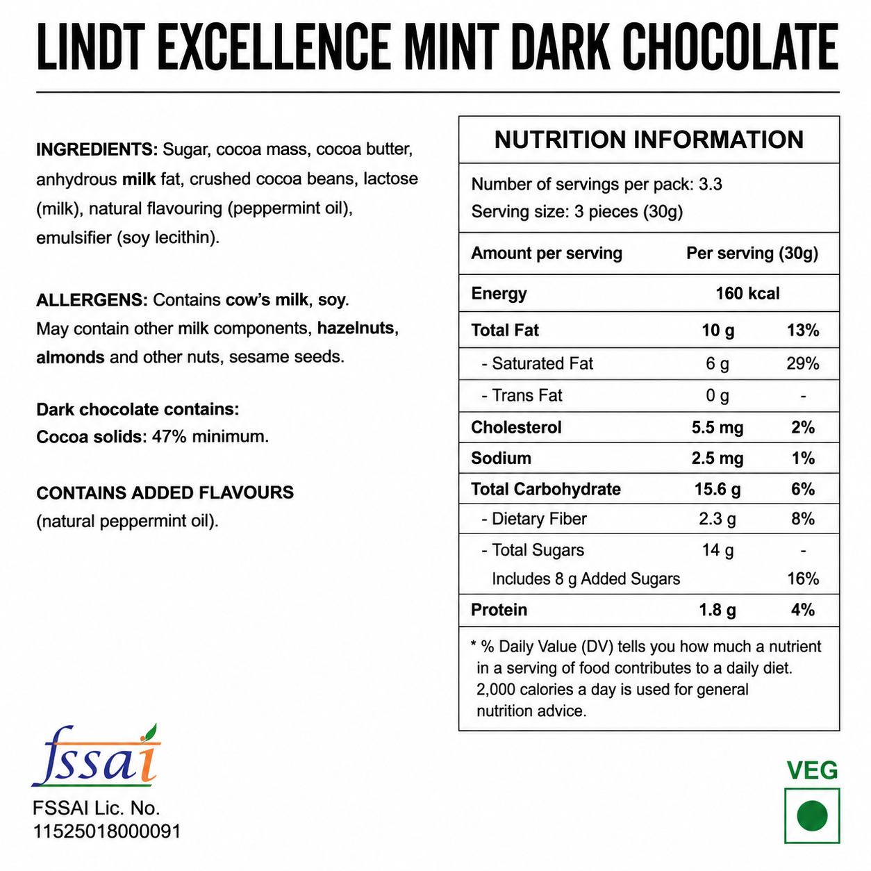 Lindt Excellence Mint Dark Chocolate 100gm Global Import - Nosh Products