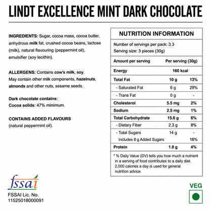 Lindt Excellence Mint Dark Chocolate 100gm Global Import - Nosh Products