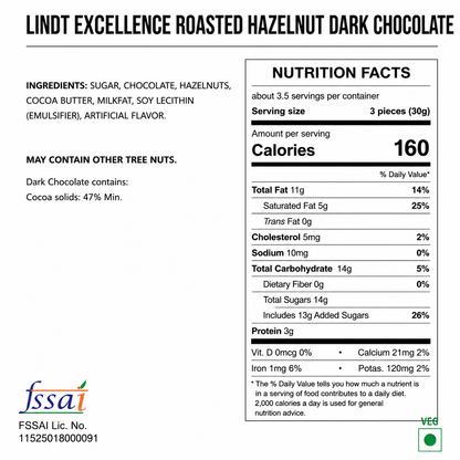 Lindt Excellence Roasted Hazelnut Dark Chocolate 100gm Global Import