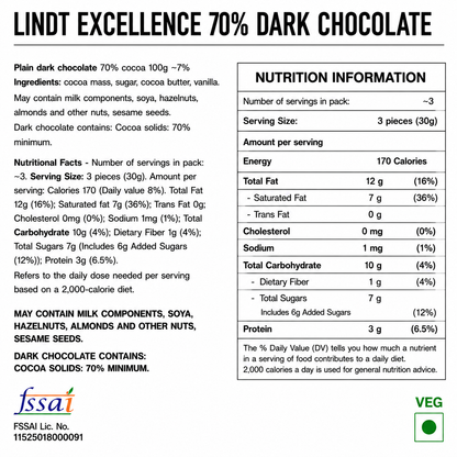 Lindt Excellence 70% Dark Chocolate 100gm Global Import - Nosh Products
