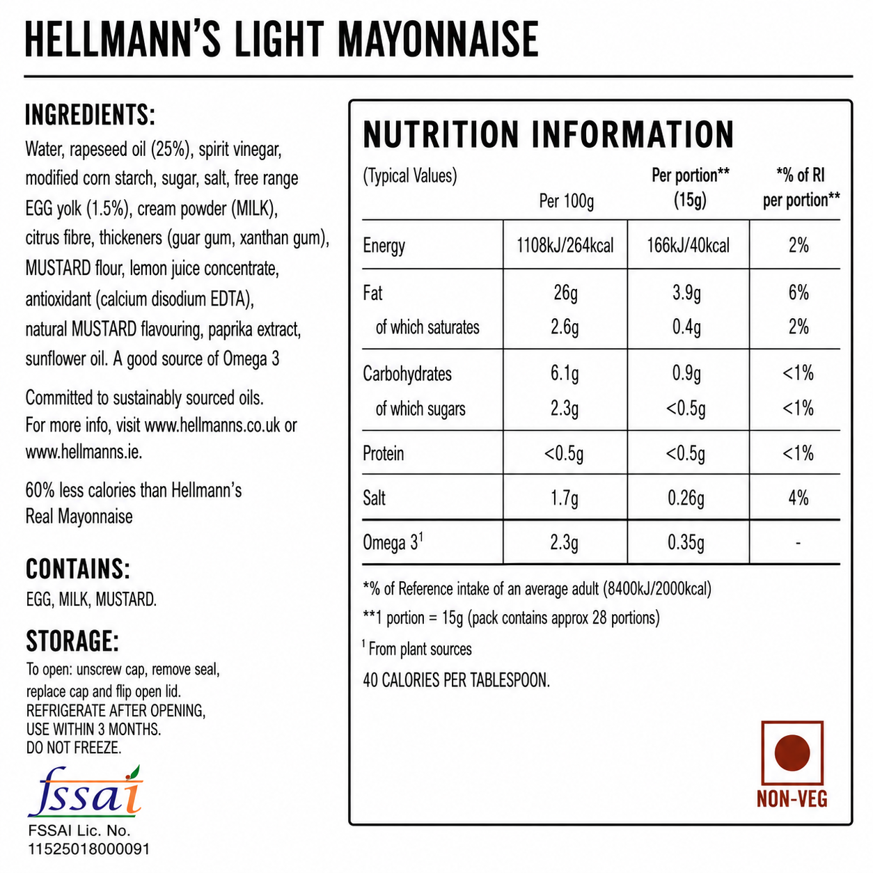 Hellmann's Light Mayonnaise 430ml Imported From UK - Nosh Products
