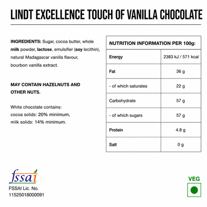 Lindt Excellence Touch Of Vanilla Chocolate 100gm Global Import - Nosh Products