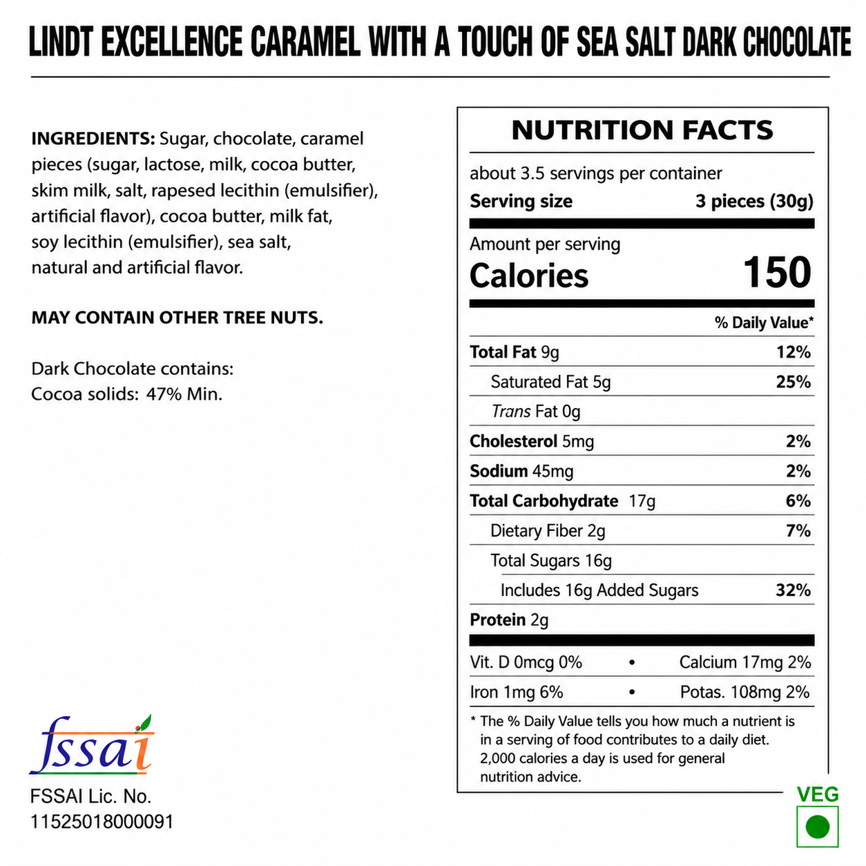 Lindt Excellence Caramel With A Touch Of Sea Salt Dark Chocolate 100gm Global Import