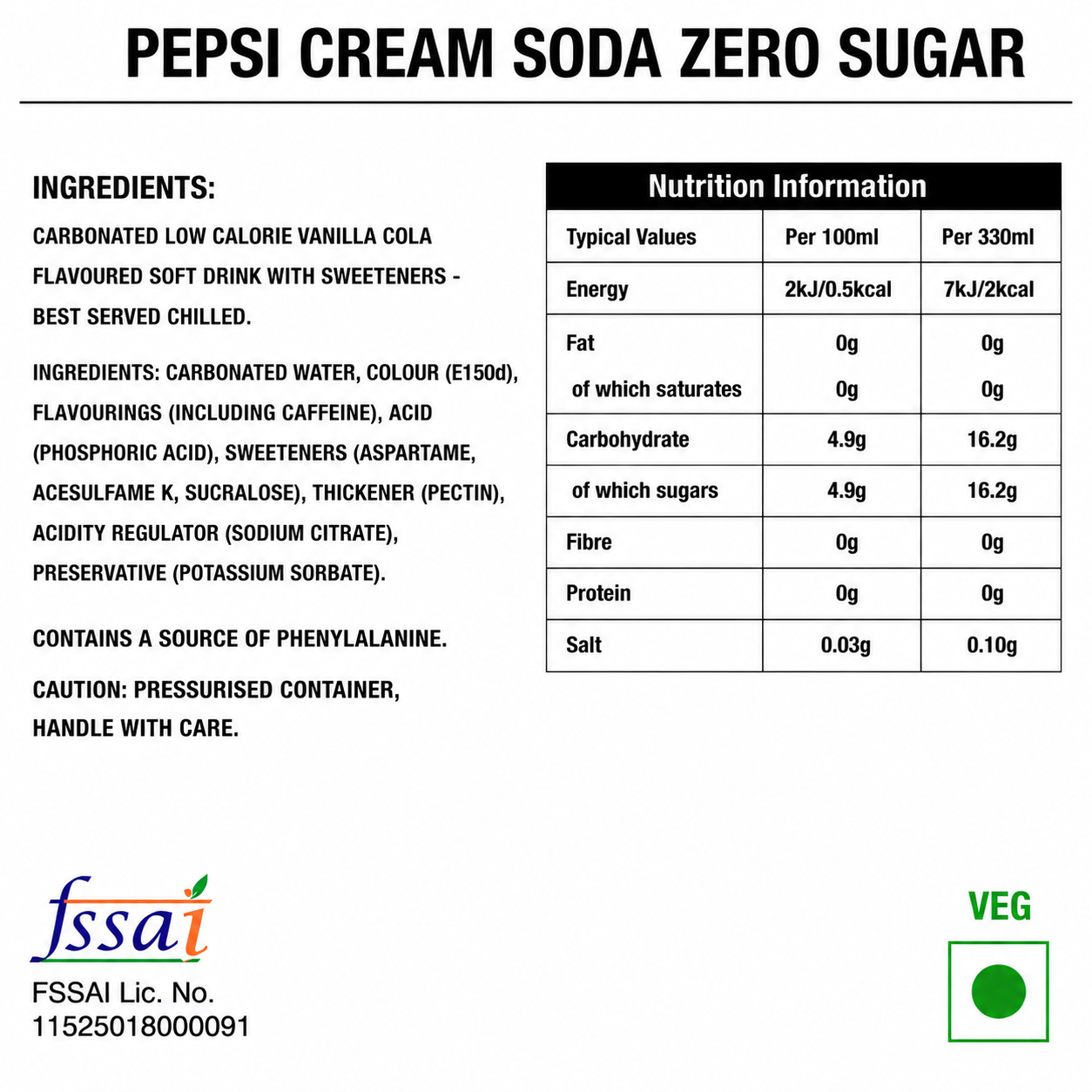 Pepsi Cream Soda Zero Sugar 330ml Imported From UK