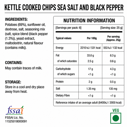 Kettle Cooked Chips Sea Salt And Black Pepper 150gm Imported From Denmark