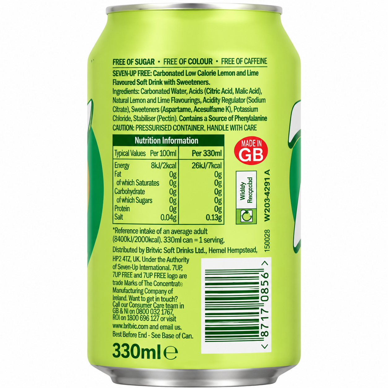 7up Sugar Free Soda 330ml Global Import - Nosh Products