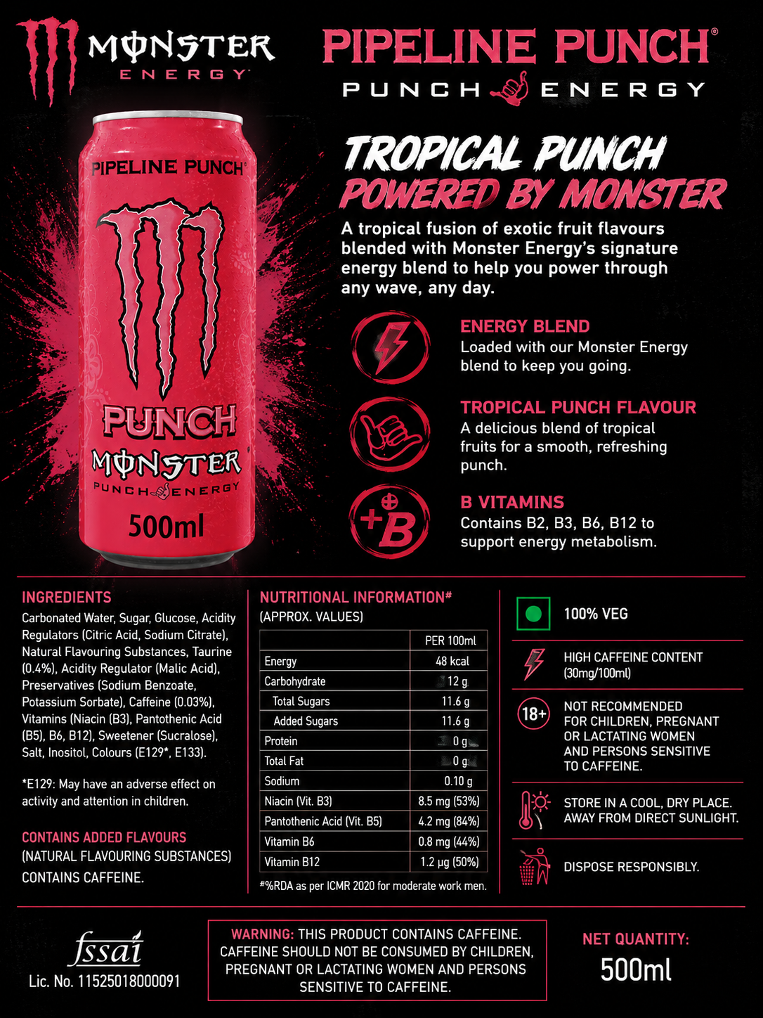 Monster Energy Drink Pipeline Punch 500ml (Pack Of 4) Imported From UK - Nosh Products