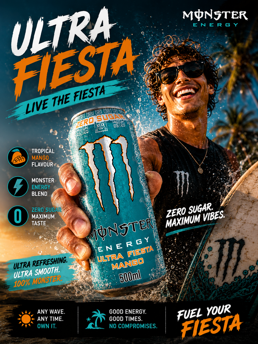 Monster Energy Drink Ultra Fiesta Mango Zero Sugar 500ml(Pack Of 4) Imported From UK - Nosh Products