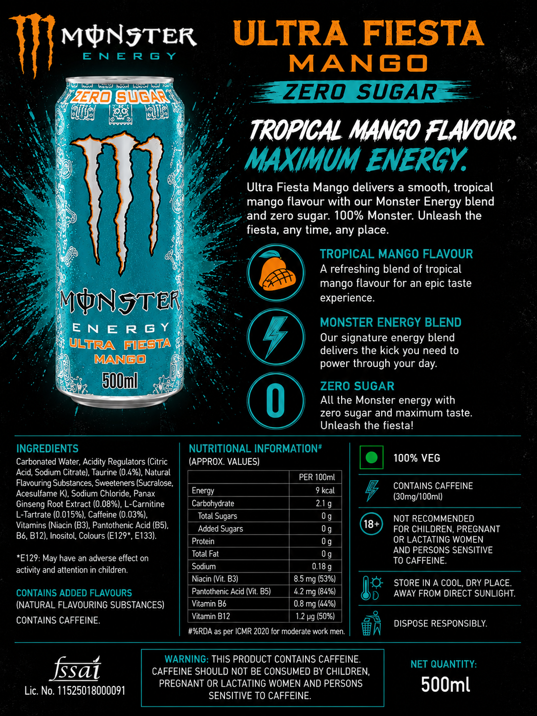 Monster Energy Drink Ultra Fiesta Mango Zero Sugar 500ml(Pack Of 4) Imported From UK - Nosh Products