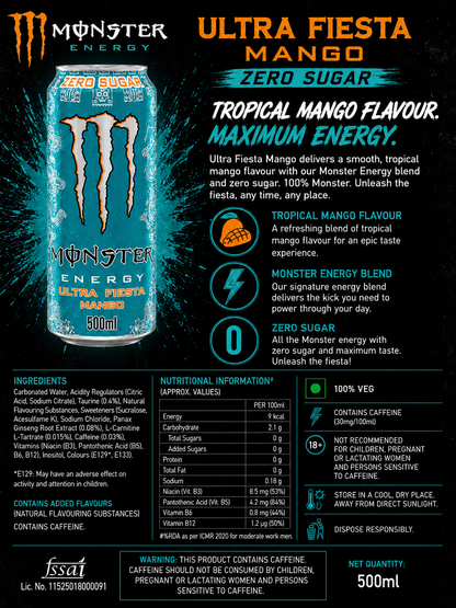 Monster Energy Drink Ultra Fiesta Mango Zero Sugar 500ml(Pack Of 4) Imported From UK - Nosh Products