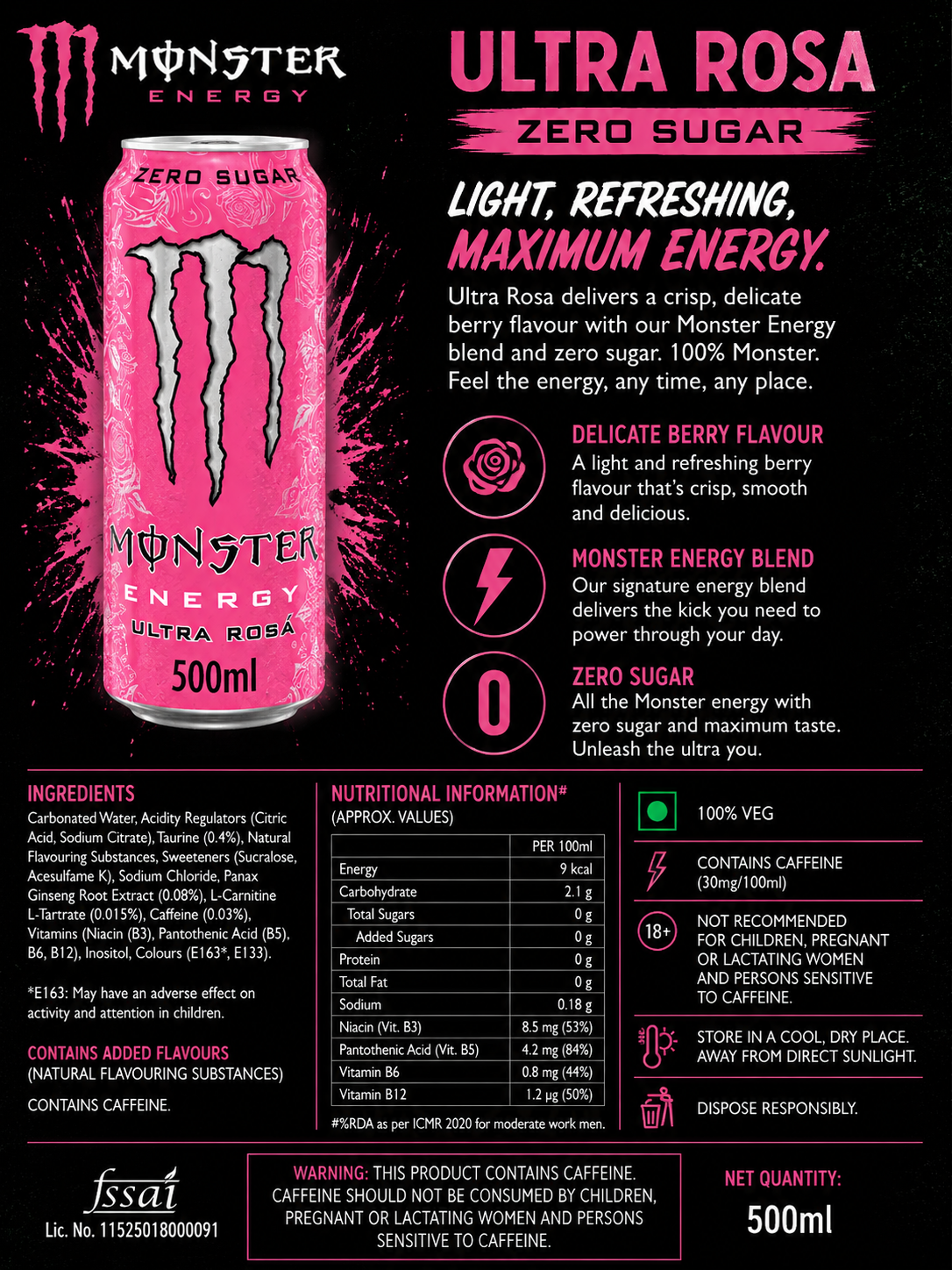 Monster Energy Drink Ultra Rosa Zero Sugar 500ml (Pack Of 4) Imported From UK - Nosh Products