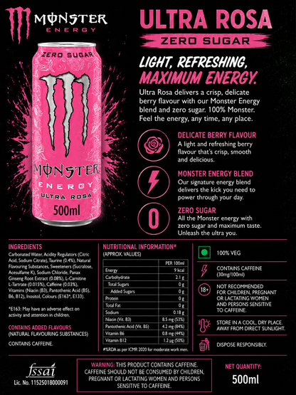 Monster Energy Drink Ultra Rosa Zero Sugar 500ml (Pack Of 4) Imported From UK - Nosh Products