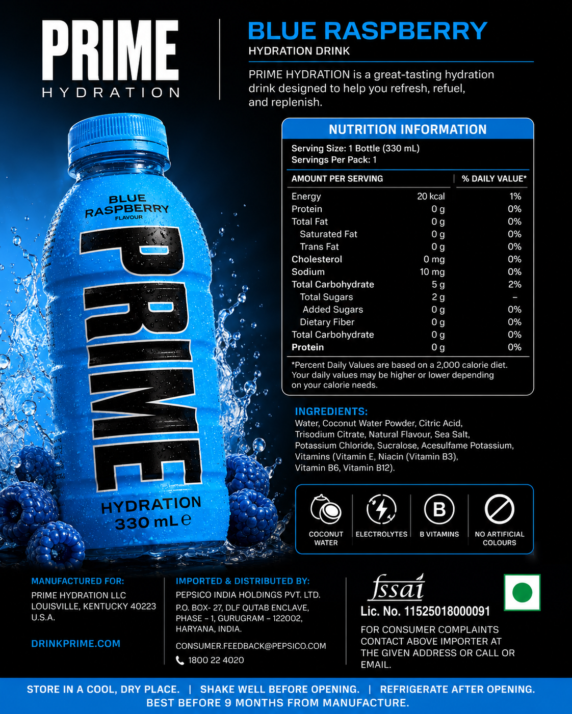 Prime Hydration Blue Raspberry 500ml Imported From USA - Nosh Products