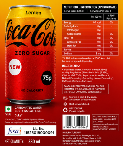Coke Lemon Zero Sugar 330ml  Imported From UK - Nosh Products