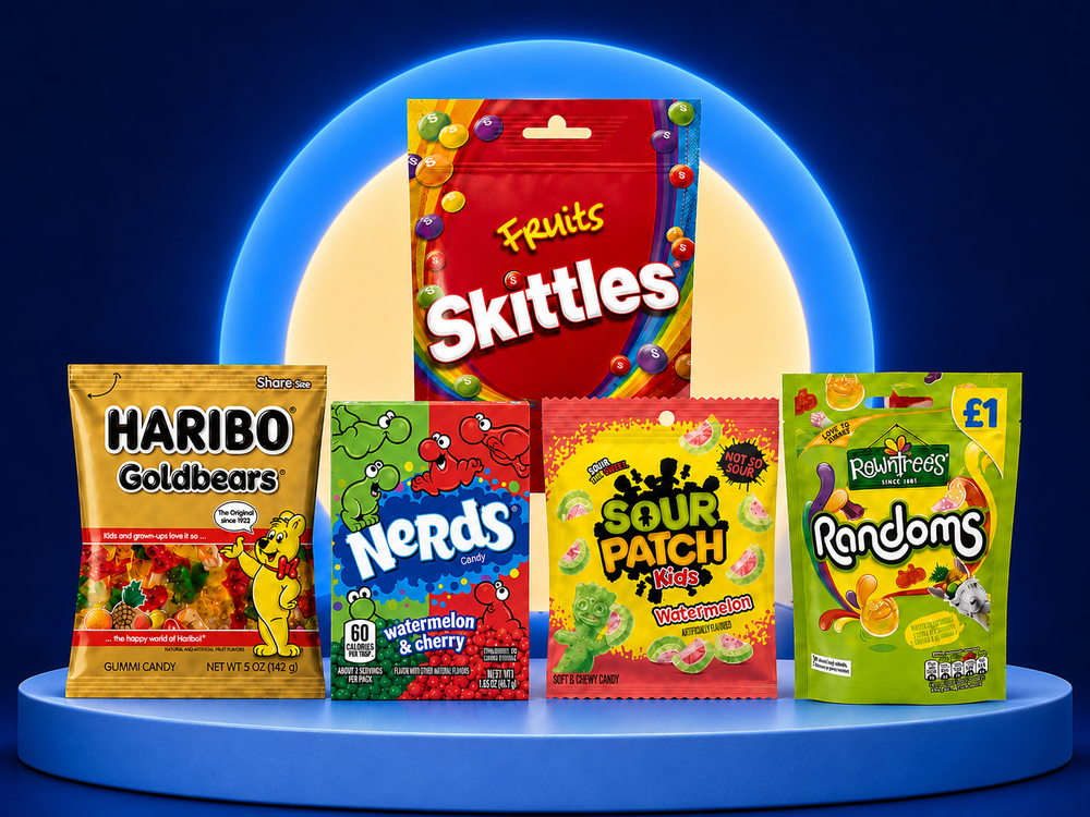 Selection of imported candy packs available from Nosh